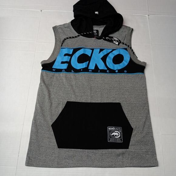 Ecko Unltd Hoodie Men's M Gray Black Ecko Spellout Pouch - Picture 1 of 8